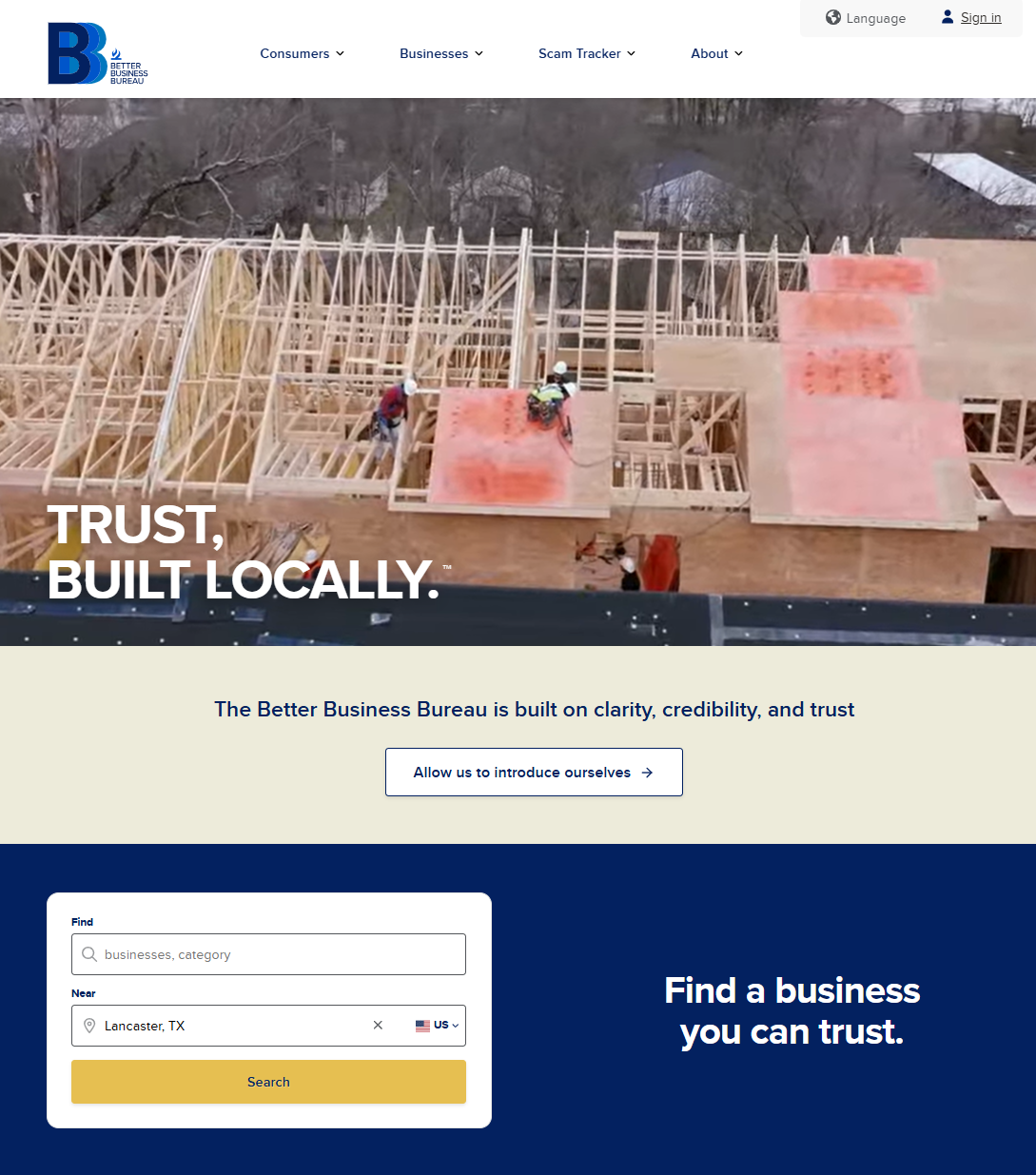 Example screenshot of the BBB website supplied by Michael; not an interactive form