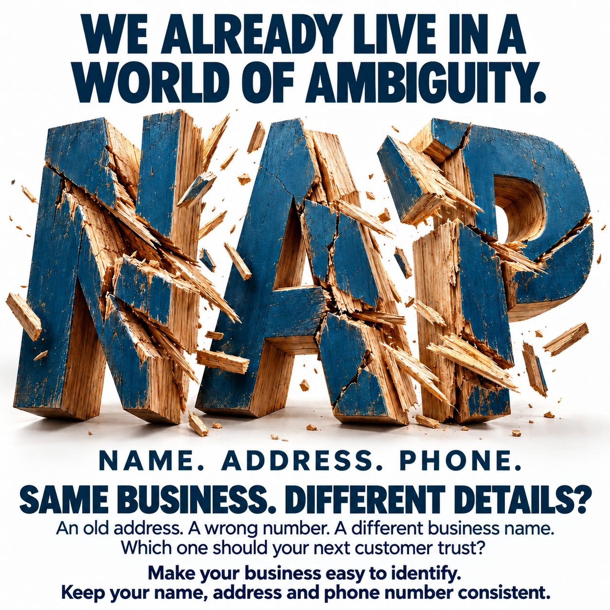 Splintered NAP letters: Name, Address, Phone. Keep your business details consistent.
